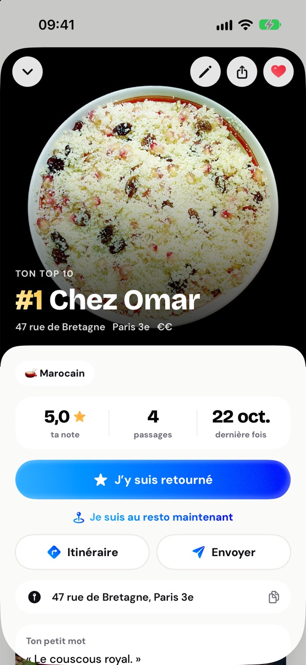 La fiche d’un resto noté 5 sur 5